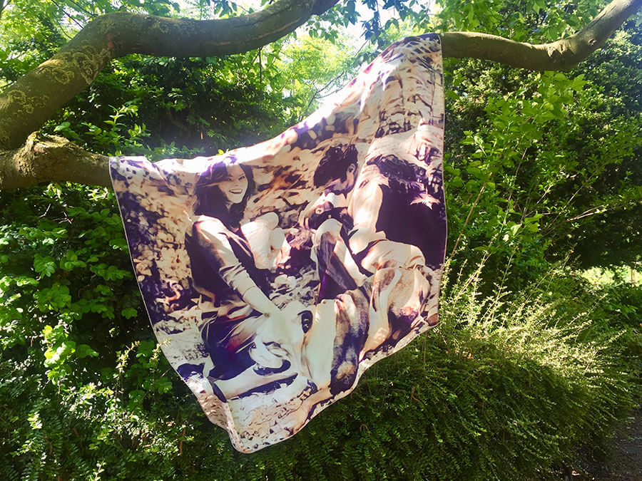 printed silk scarf with a family with babies in park