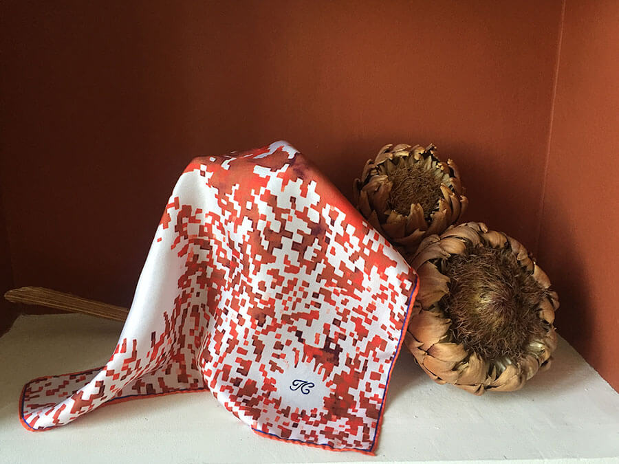 red mosaic flower printed scarf with embroidery initial