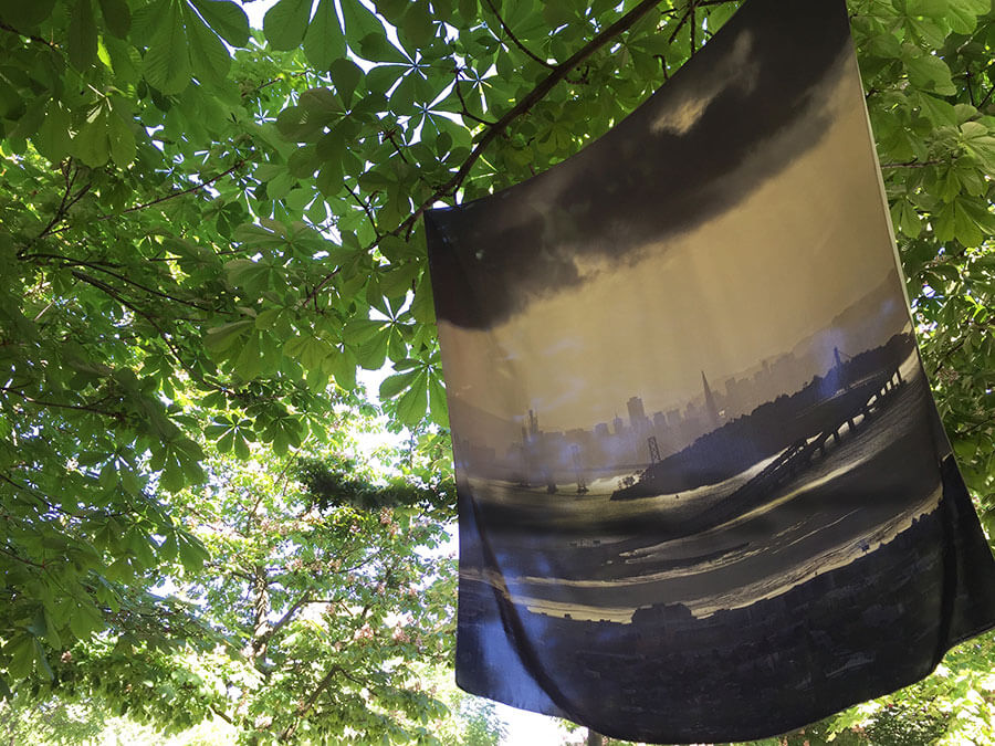 printed silk scarf of san francisco cityscape in park