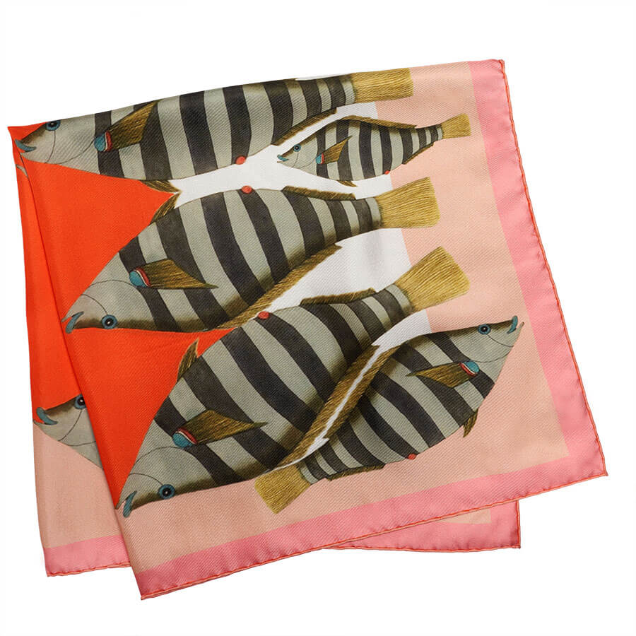 stripy camouflage fish printed pink red folded silk scarf