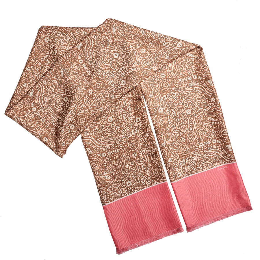 long pink arabesque double silk scarf with fringe finishing