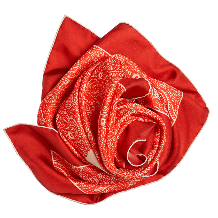 red arabesque printed silk twill scarf bunched