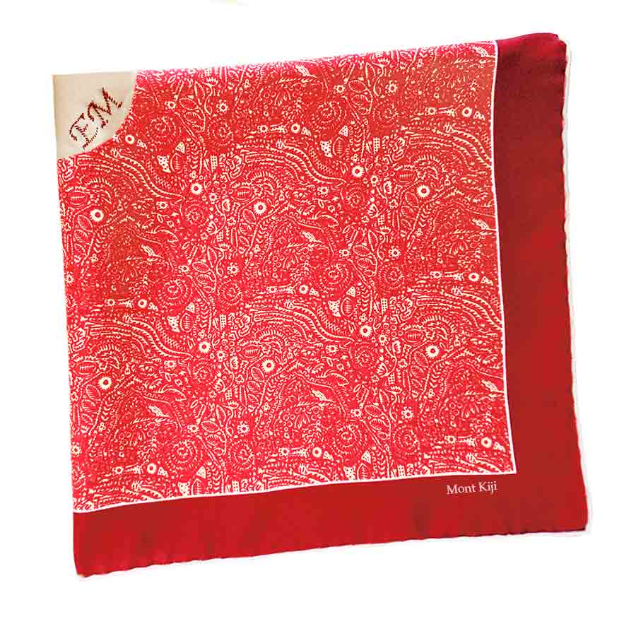 red and cream pocket square with hand embroidered initial