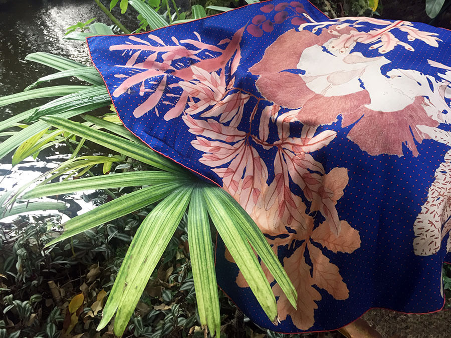 algae printed blue silk scarf by the pond