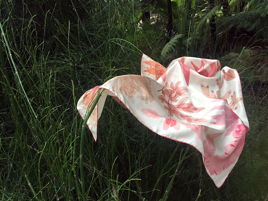 algae printed white silk scarf on grass