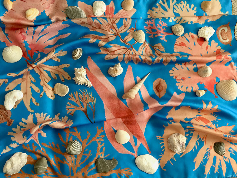 algae printed ocean blue scarf with seashells