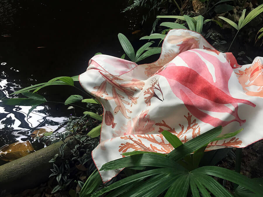 algae printed white silk scarf by the pond