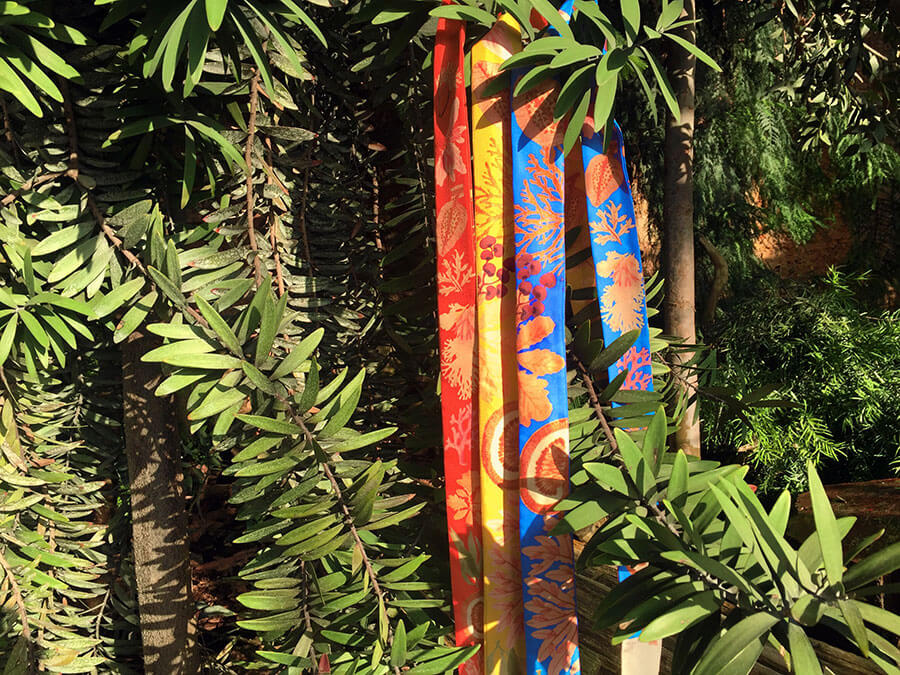 red, yellow, blue, algae printed long silk scarf in forrest