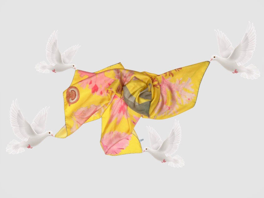 algae printed yellow printed scarf carried by the white doves