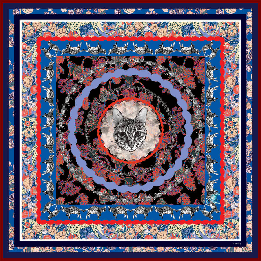 all-over cat printed floral blue silk scarf