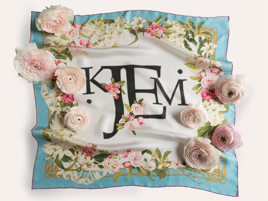 blue framed silk scarf with printed romantic flowers with flowers