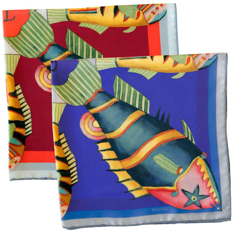 fish printed silk pocket squares with hand embroidery