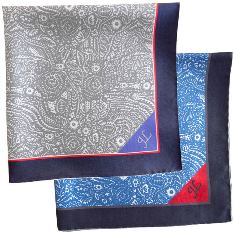 arabesque printed silk pocket squares with hand embroidery