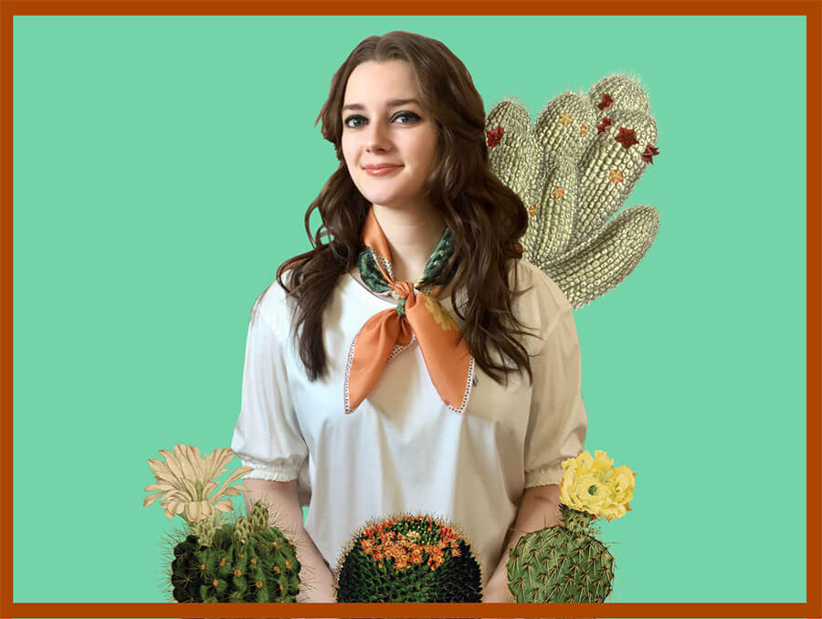 woman with cactus printed terra-cotta color scarf tied