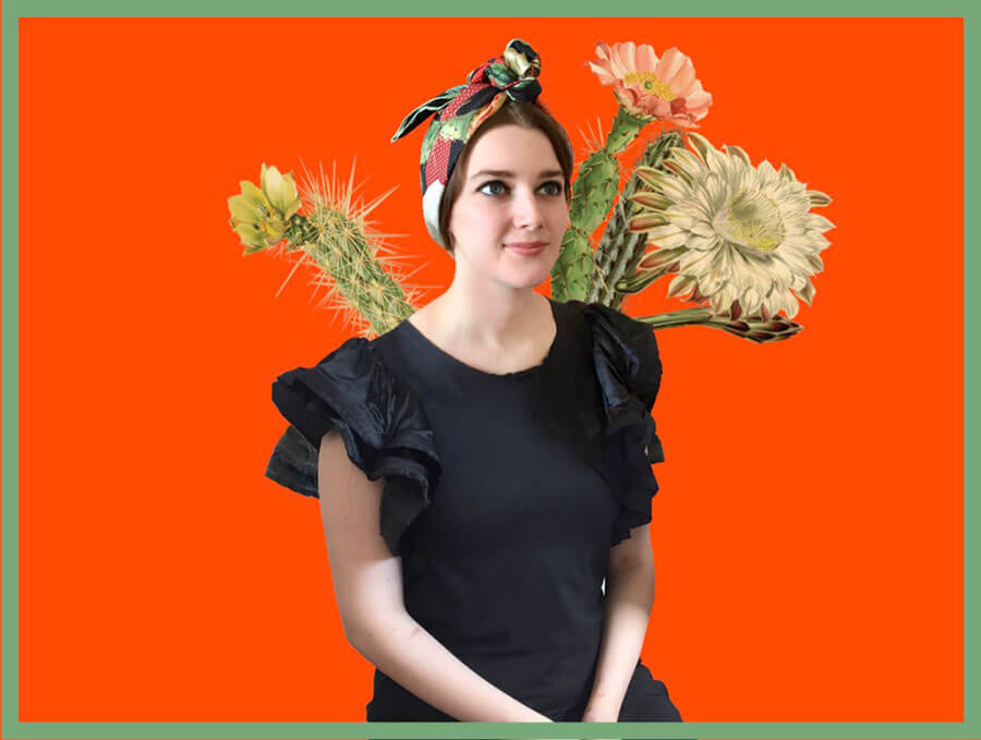 woman with cactus printed black and red silk scarf on head