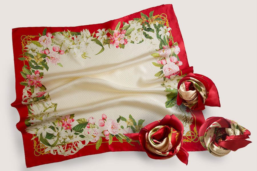 flower printed cream personalized scarf with red boarder