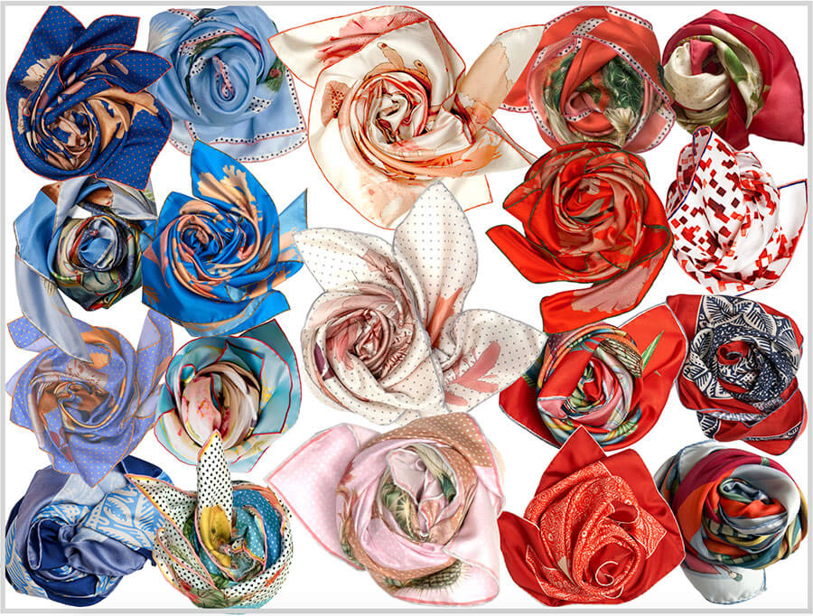 blue, white and red bunches of silk scarves