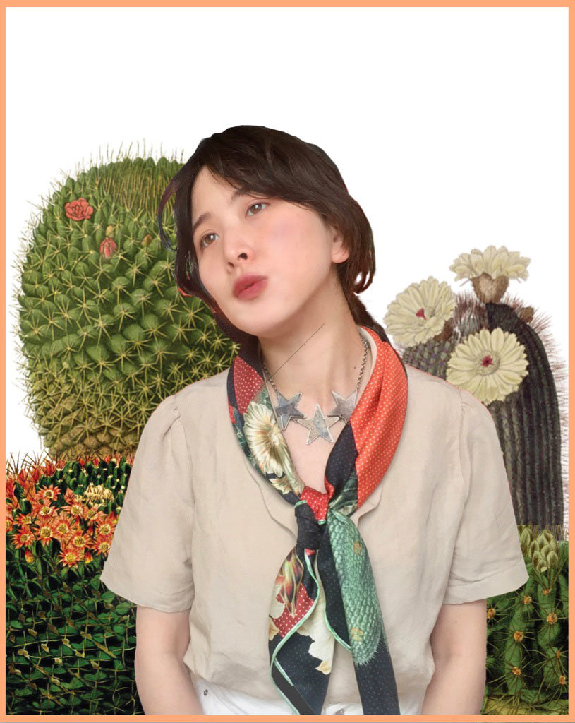 woman with cactus printed silk scarf with giant cacti