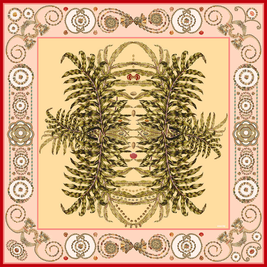 shell motif and leaf printed pastel color silk scarf