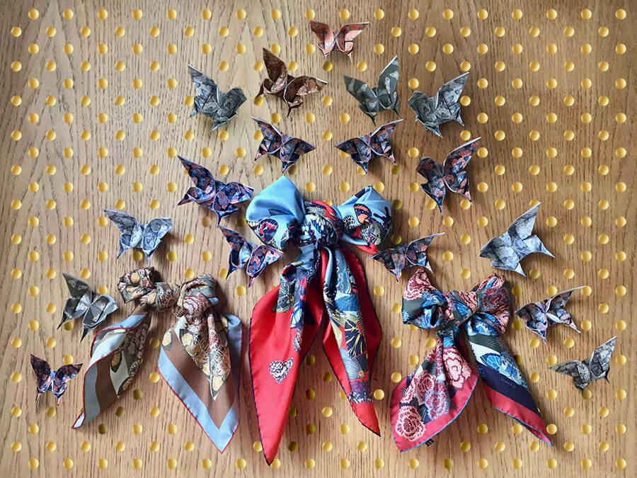 butterfly printed silk scarves in bow with origami butterflies
