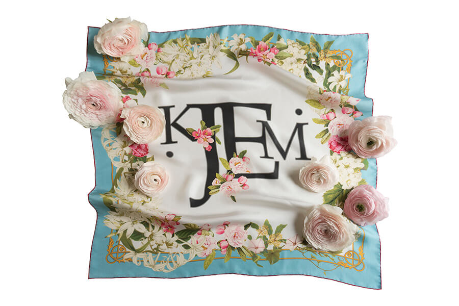 blue framed silk scarf with romantic pink and white flowers