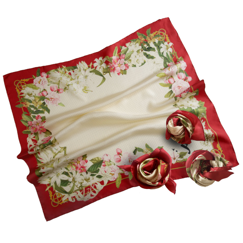 together-red-silk scarf-with-flowers