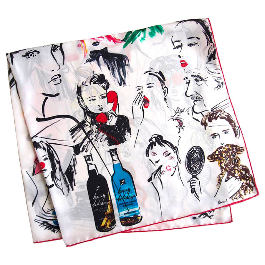rina iwai illustrations printed big silk scarf white with colorful drawings