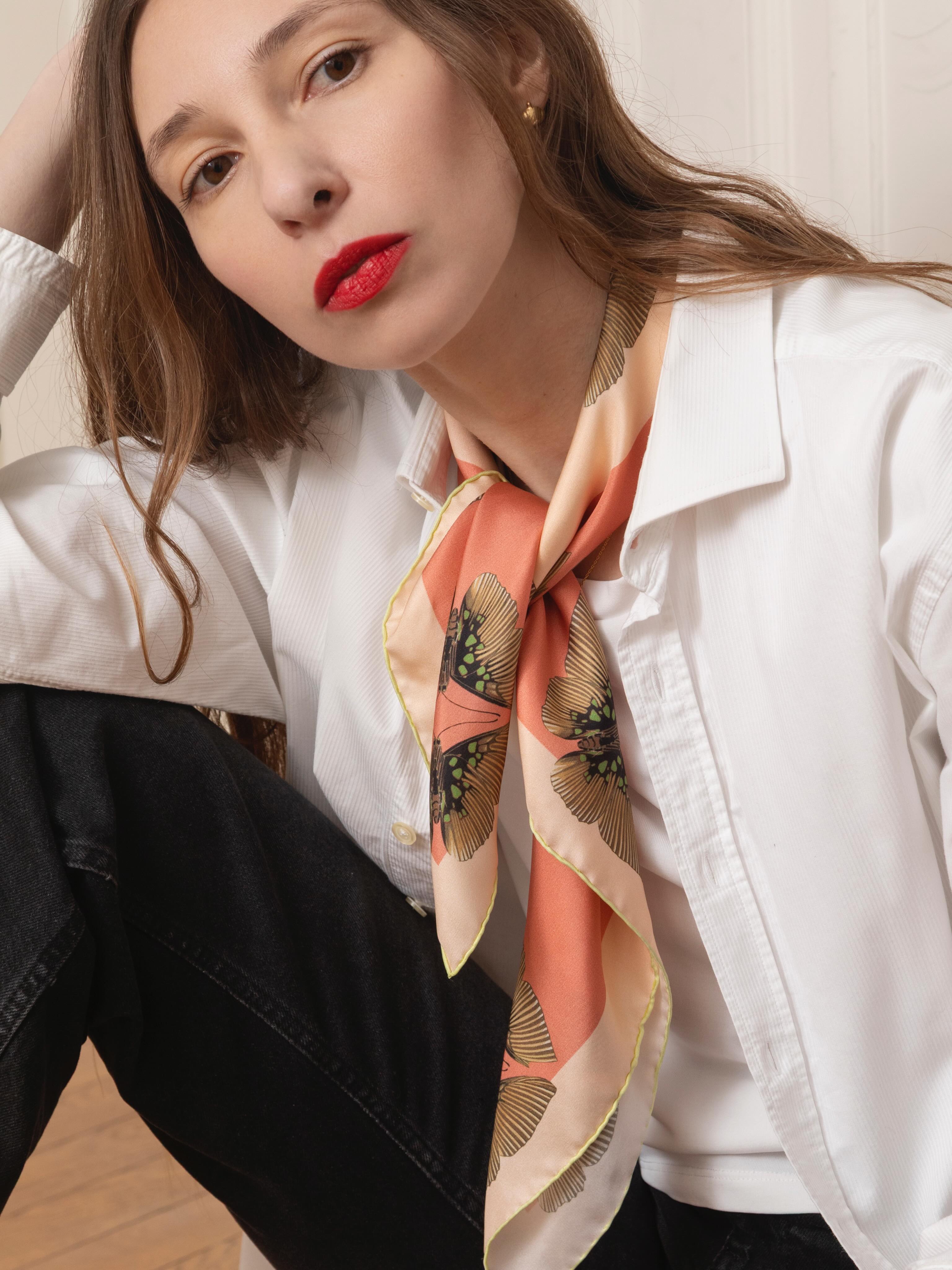 Soft silk, a butterfly’s gentle caress 🦋
 #soulmate #silkscarf  #butterfly  #frenchluxury #madeinfrance🇫🇷
