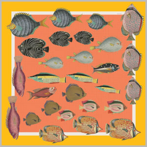 design of silk twill scarf with colorful fish in orange