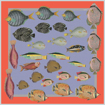 design of silk twill scarf with colorful fish in lavender