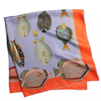 printed lavender silk twill scarf with colorful fishes folded