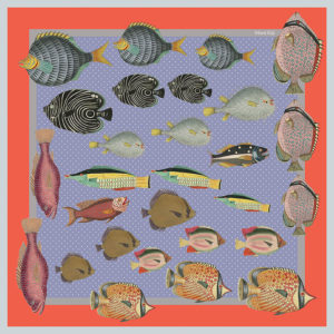 design of small silk scarf with colorful fish in lavender