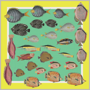 design of silk twill scarf with colorful fish in green