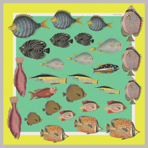 design of small silk scarf with colorful fish in green