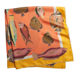 printed orange silk twill scarf with colorful fishes folded