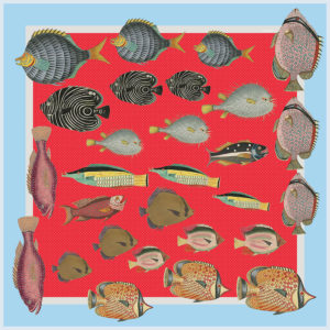 design of silk twill scarf with colorful fish in red