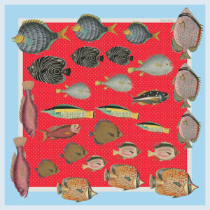 design of small silk scarf with colorful fish in red