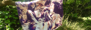 printed silk scarf of family with babies and dog