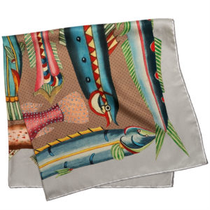 printed grey silk twill scarf with exotic fishes folded