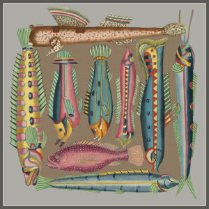 design of silk twill scarf with exotic fish in grey