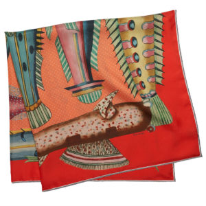 printed red silk twill scarf with exotic fishes folded