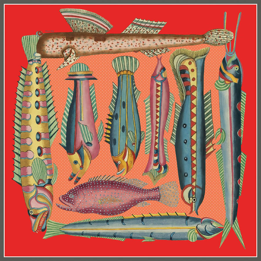 design of silk twill scarf with exotic fish in red