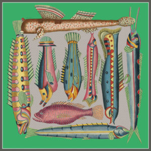 design of silk twill scarf with exotic fish in green