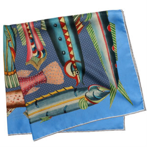 printed blue silk twill scarf with exotic fishes folded