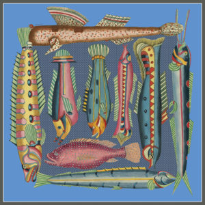 design of silk twill scarf with exotic fish in blue