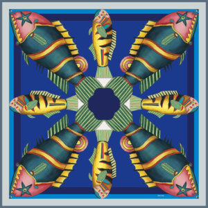 graphic fish printed blue silk twill scarf