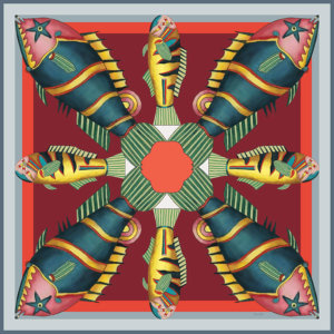 graphic fish printed small red silk twill scarf