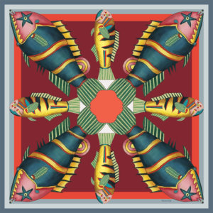 graphic fish printed small red silk twill scarf design