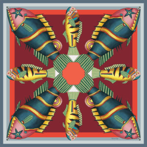 graphic fish printed small red silk twill scarf design