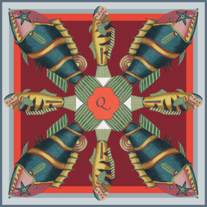 fish printed red silk scarf with initial q